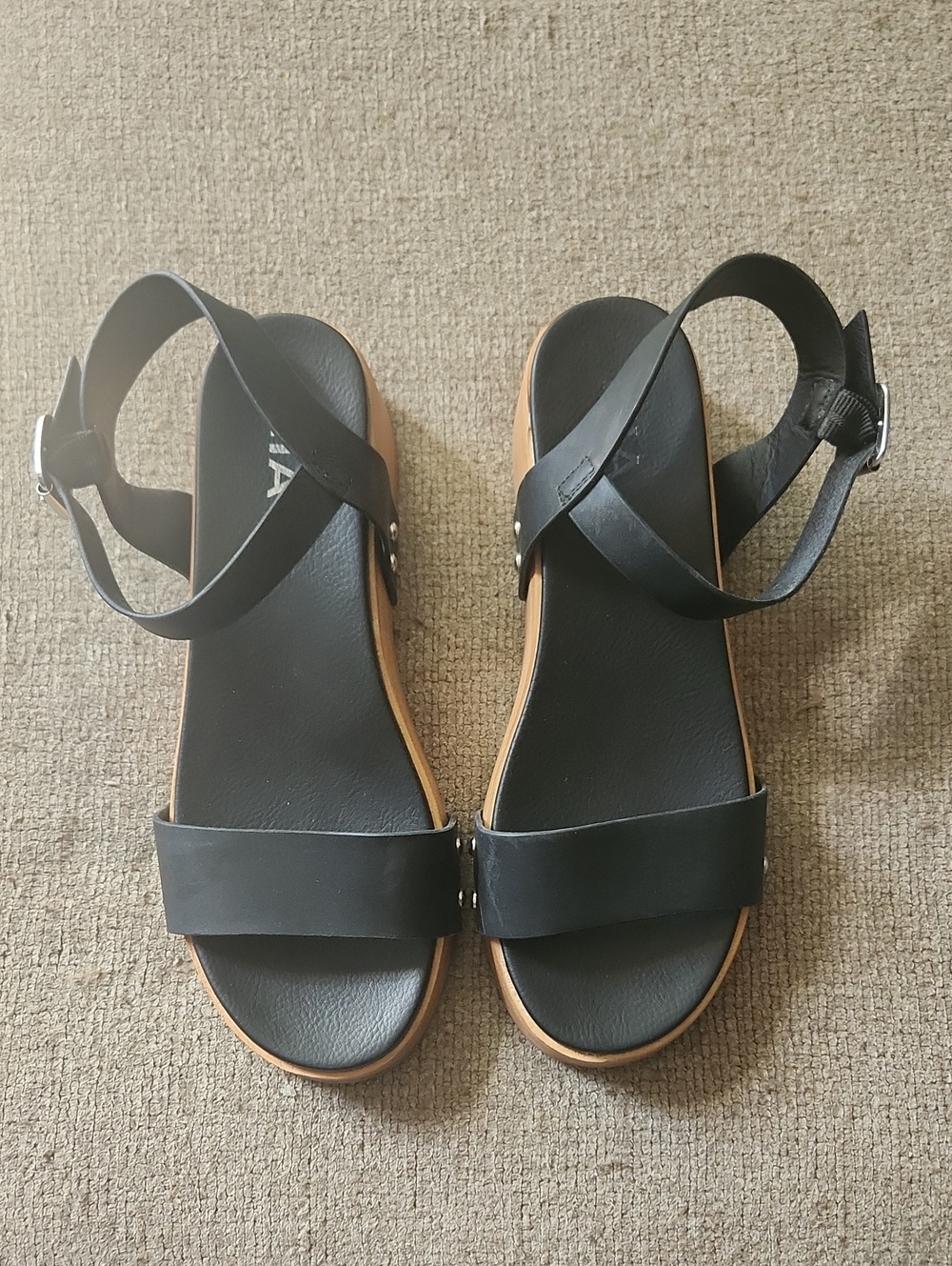 MIA Black Strappy Ankle Buckle Sandals with Tan Trim